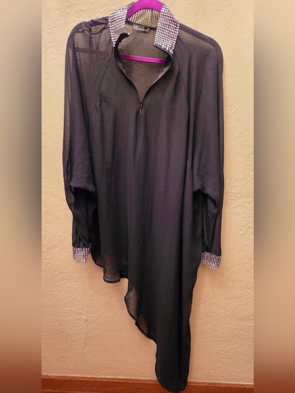 Sheer Black Assymetrical Rhinestone Collar Blouse Overized Layering Tunic Top